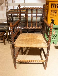 1930s Spanish Armchair of Turned Wood with Rush Seat