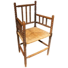 1930s Spanish Armchair of Turned Wood with Rush Seat