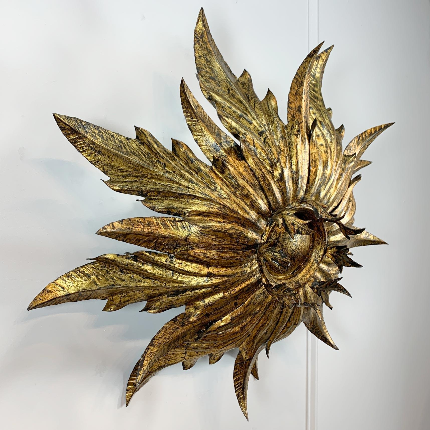 1930’s Spanish Gilt Sunburst Flush Mount Ceiling Light For Sale 4