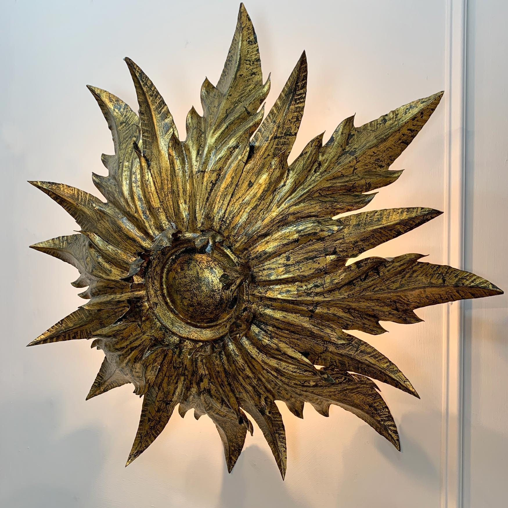 1930’s Spanish Gilt Sunburst Flush Mount Ceiling Light For Sale 6