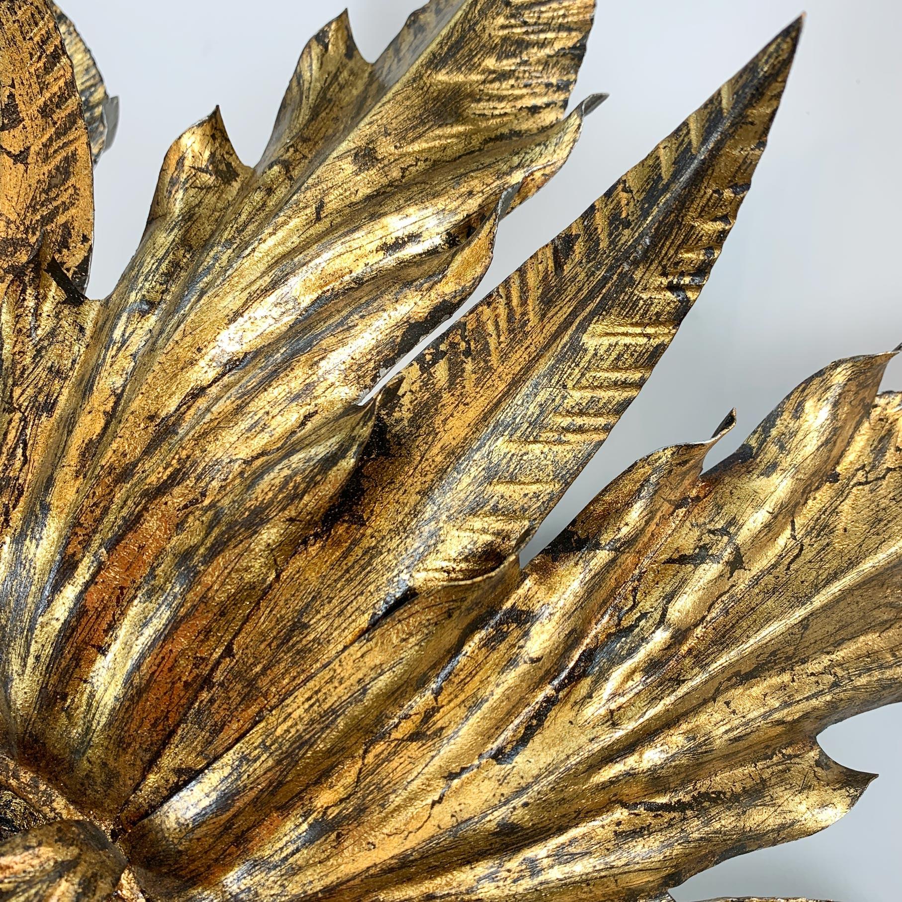 Baroque 1930’s Spanish Gilt Sunburst Flush Mount Ceiling Light For Sale