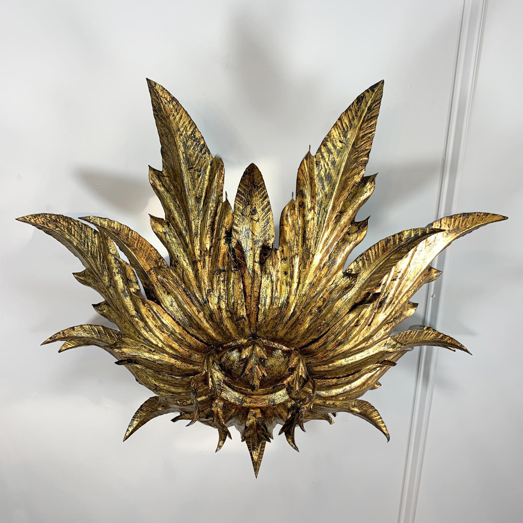 1930’s Spanish Gilt Sunburst Flush Mount Ceiling Light In Good Condition For Sale In Hastings, GB