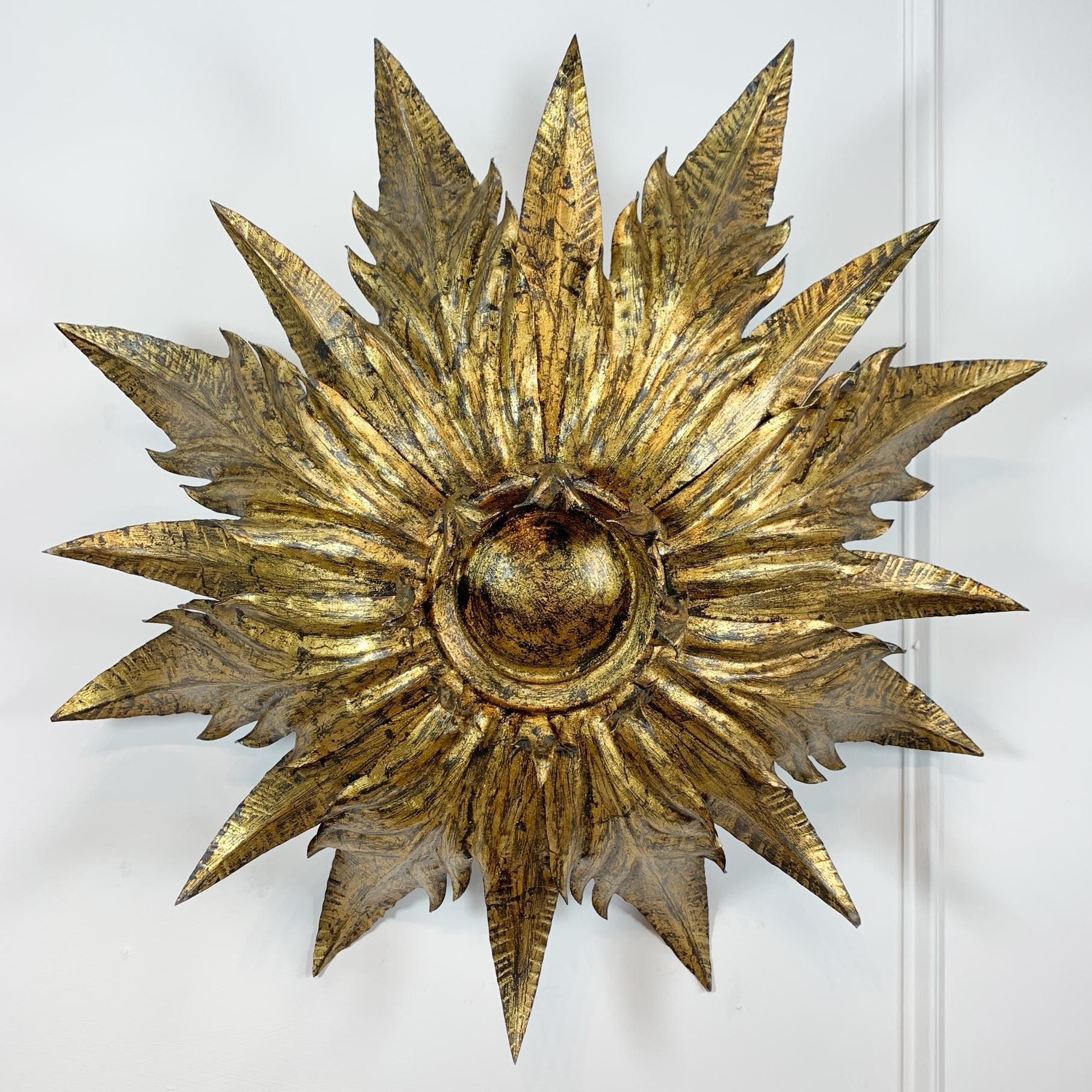 Mid-20th Century 1930’s Spanish Gilt Sunburst Flush Mount Ceiling Light For Sale