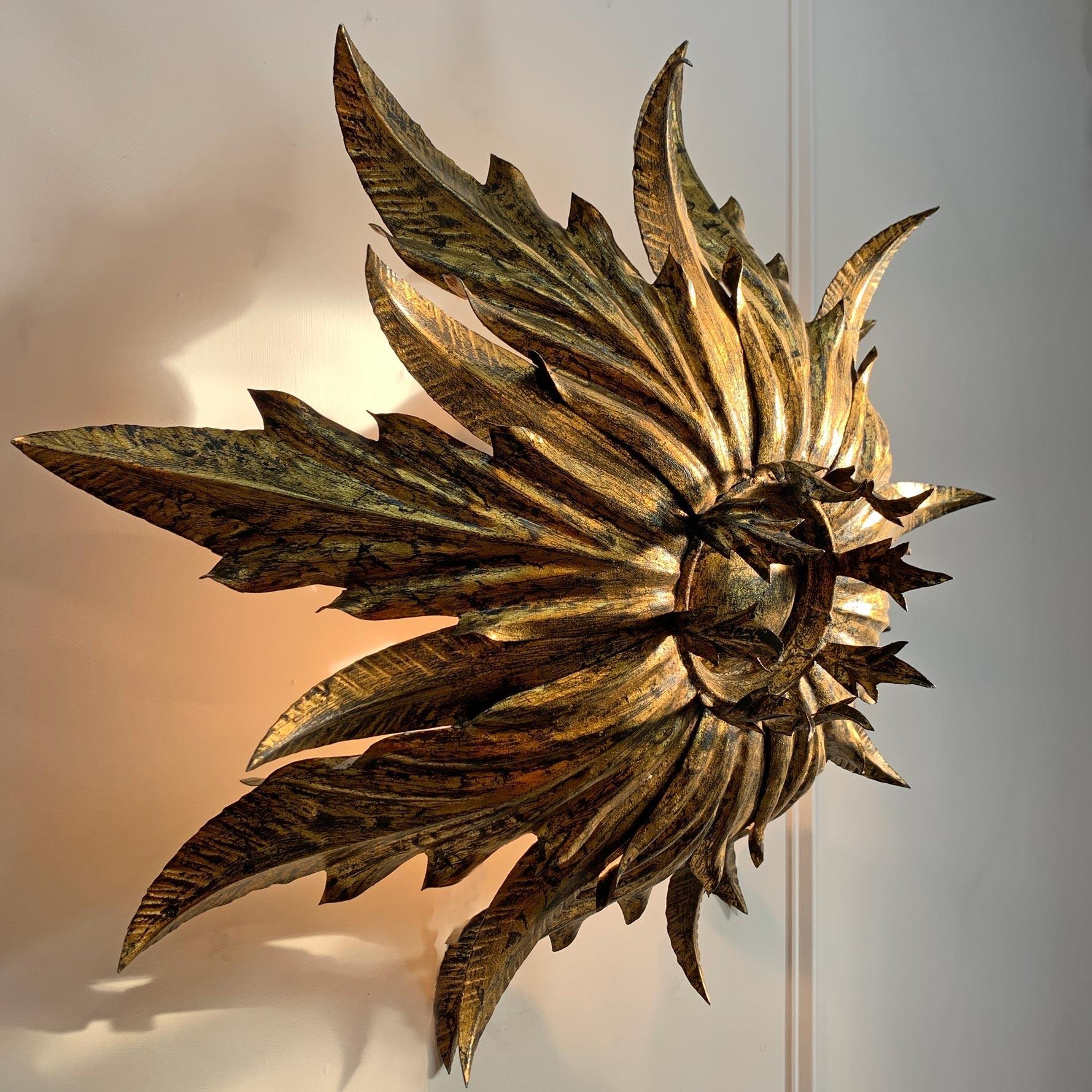 Iron 1930’s Spanish Gilt Sunburst Flush Mount Ceiling Light For Sale