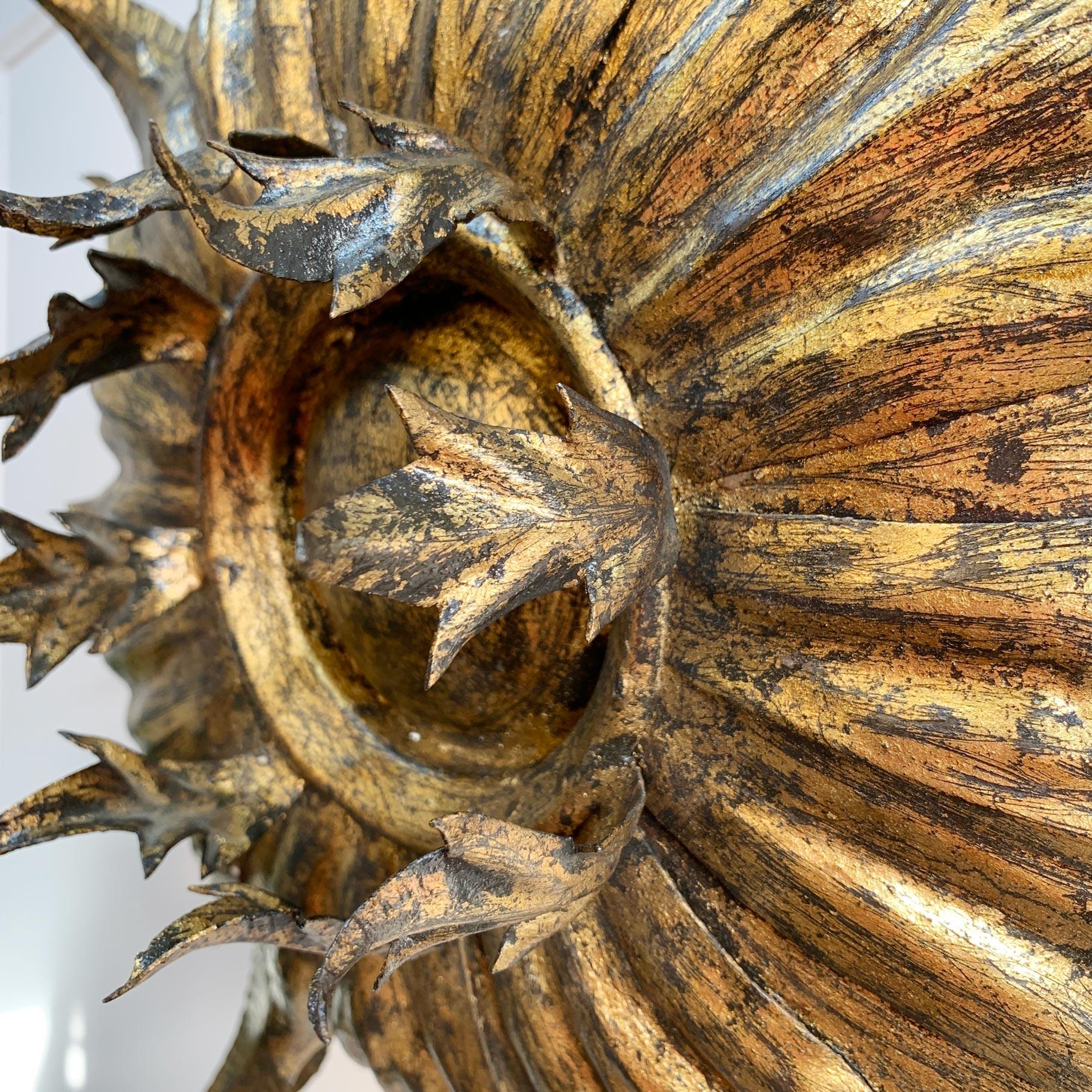 1930’s Spanish Gilt Sunburst Flush Mount Ceiling Light For Sale 1