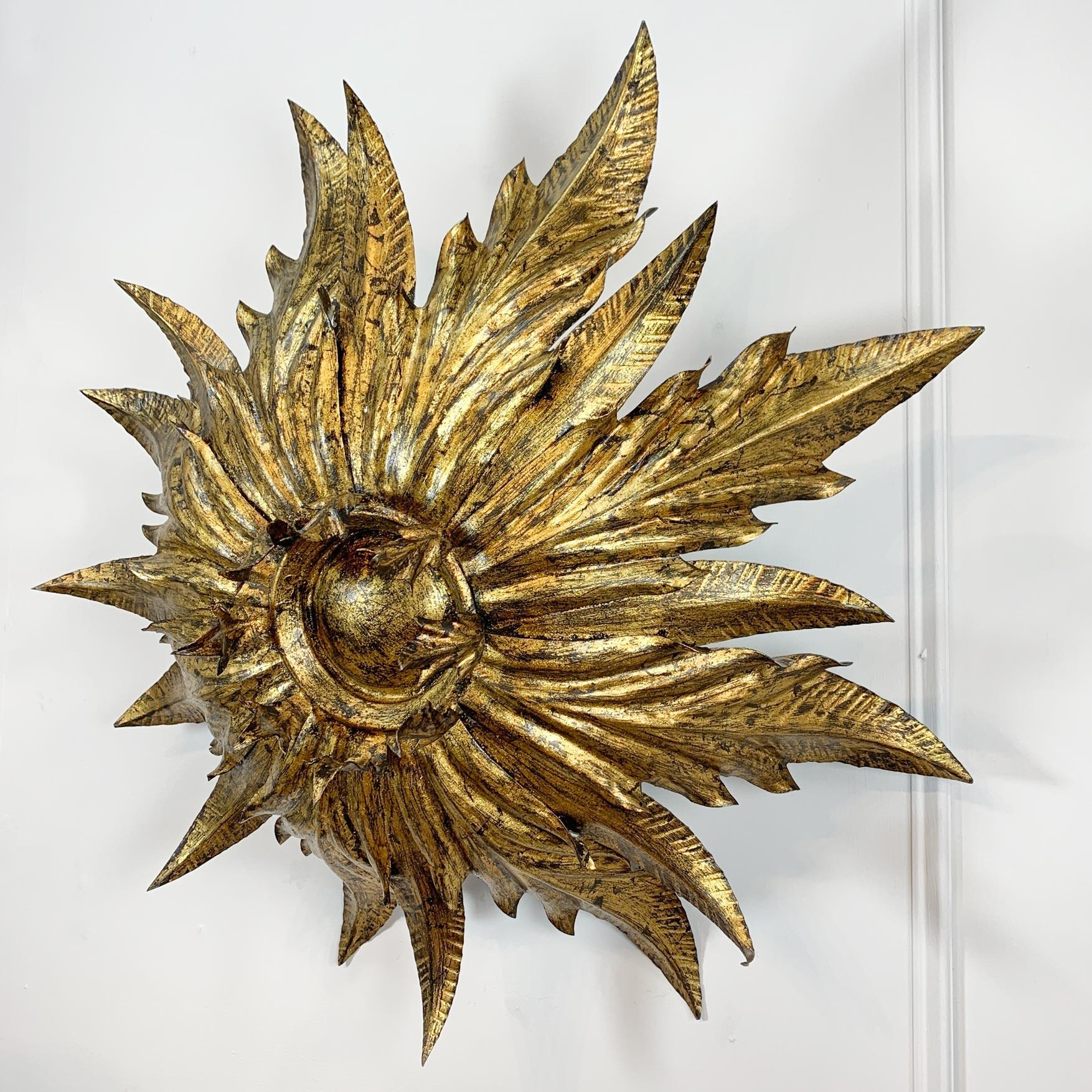 1930’s Spanish Gilt Sunburst Flush Mount Ceiling Light For Sale 2