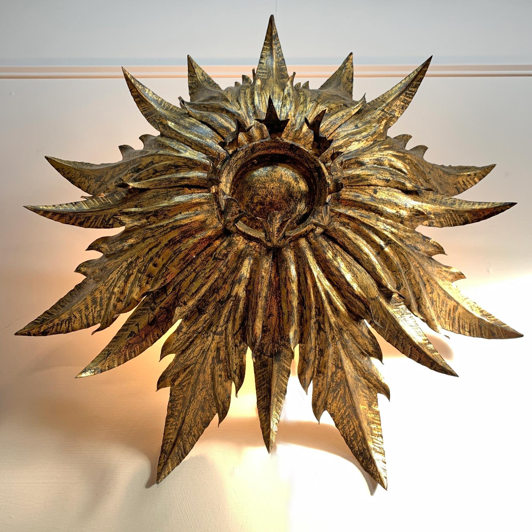 1930’s Spanish Gilt Sunburst Flush Mount Ceiling Light For Sale 3