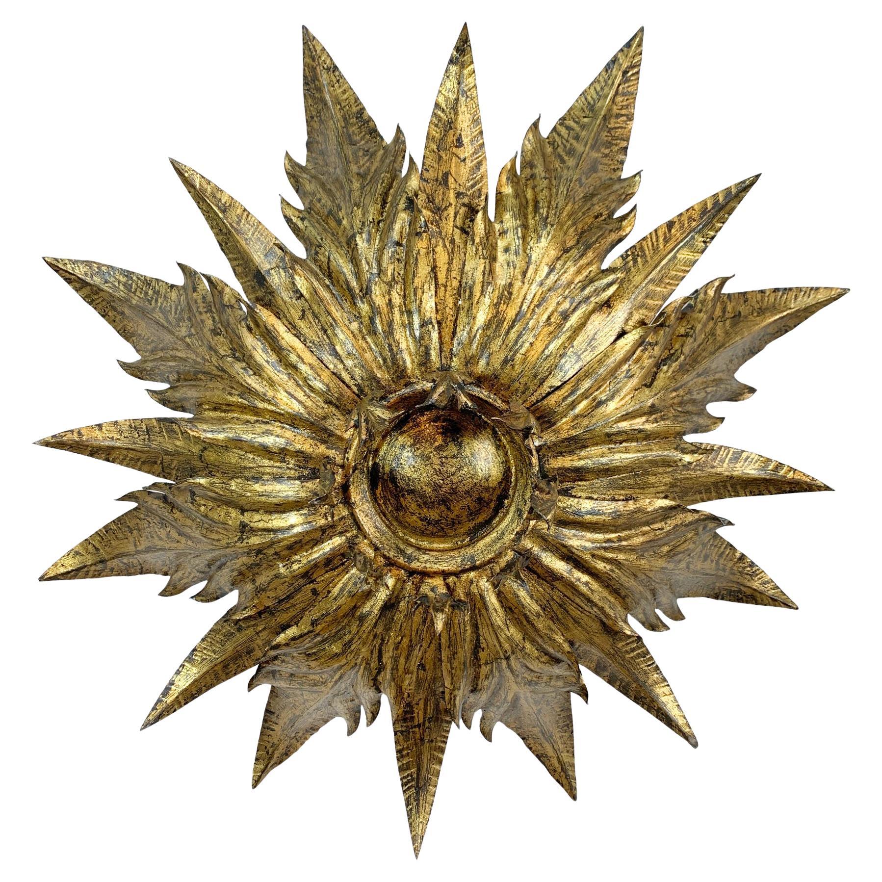 1930’s Spanish Gilt Sunburst Flush Mount Ceiling Light For Sale