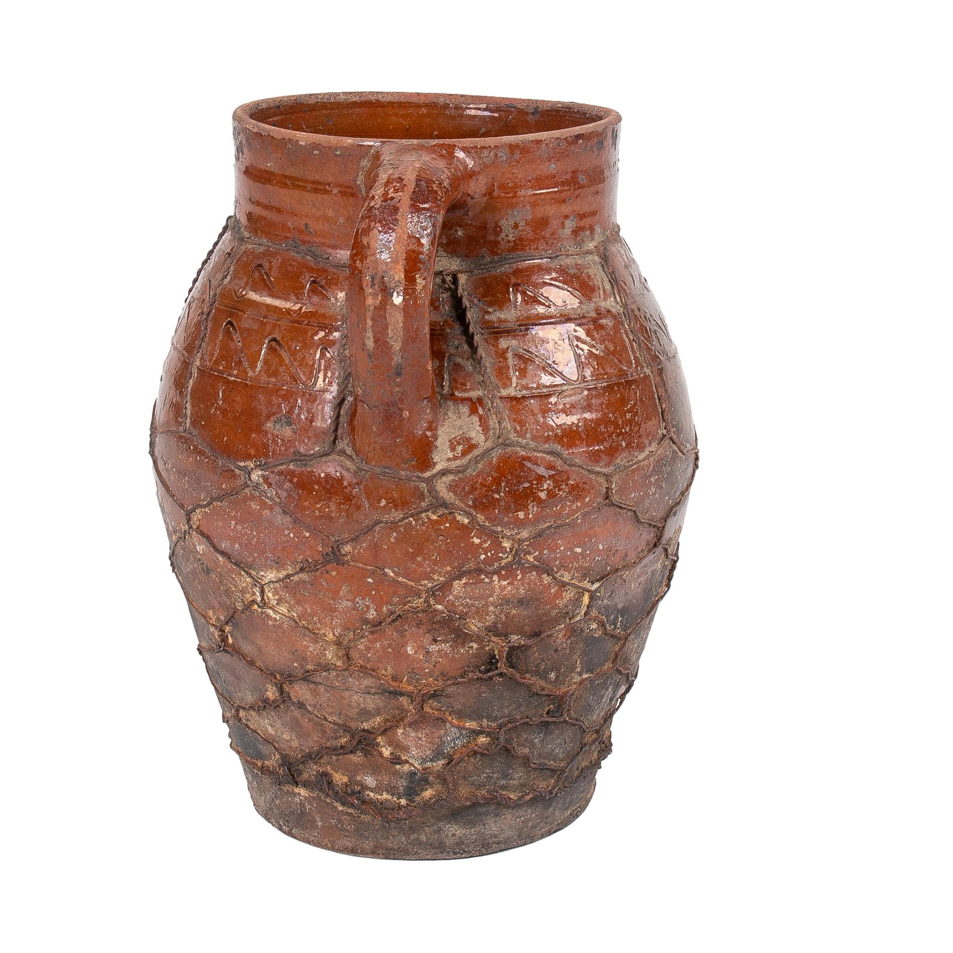 1930s Spanish Glazed Ceramic Vase w/ Iron Mesh In Good Condition For Sale In Marbella, ES