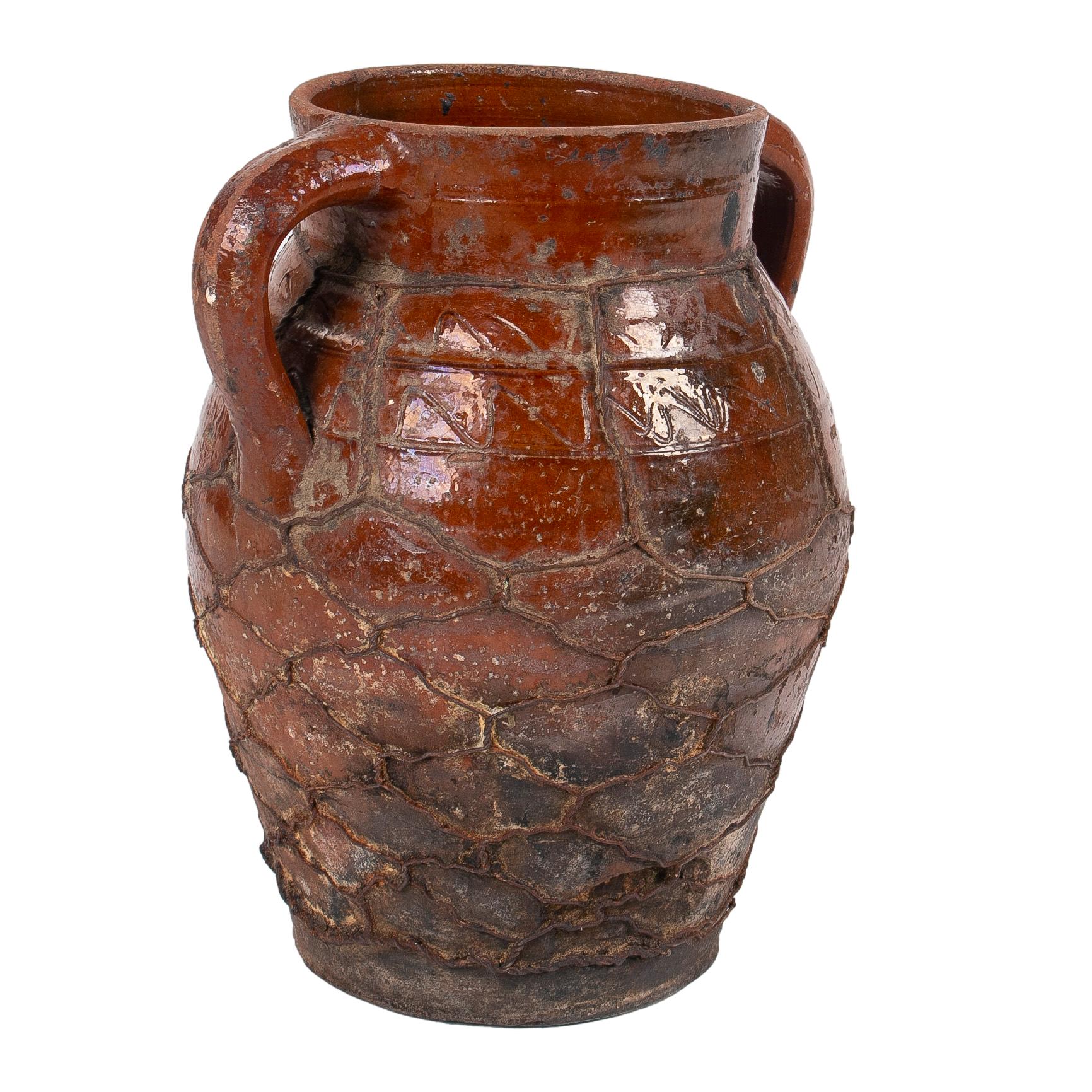 20th Century 1930s Spanish Glazed Ceramic Vase w/ Iron Mesh For Sale