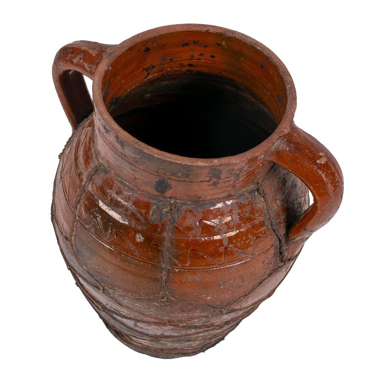 1930s Spanish Glazed Ceramic Vase w/ Iron Mesh For Sale 2
