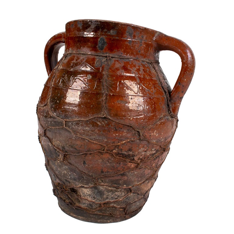 1930s Spanish Glazed Ceramic Vase w/ Iron Mesh For Sale 3