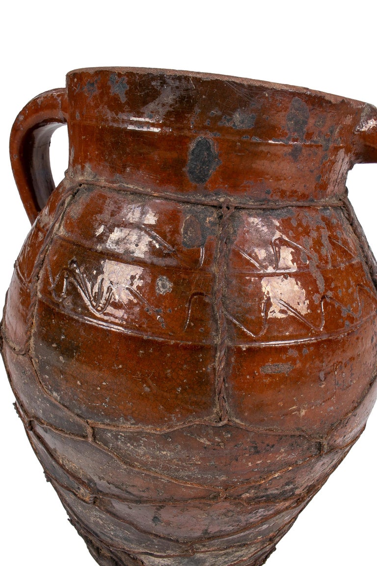 1930s Spanish Glazed Ceramic Vase w/ Iron Mesh For Sale 5