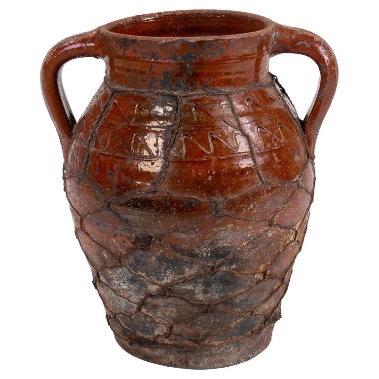 1930s Spanish Glazed Ceramic Vase w/ Iron Mesh For Sale