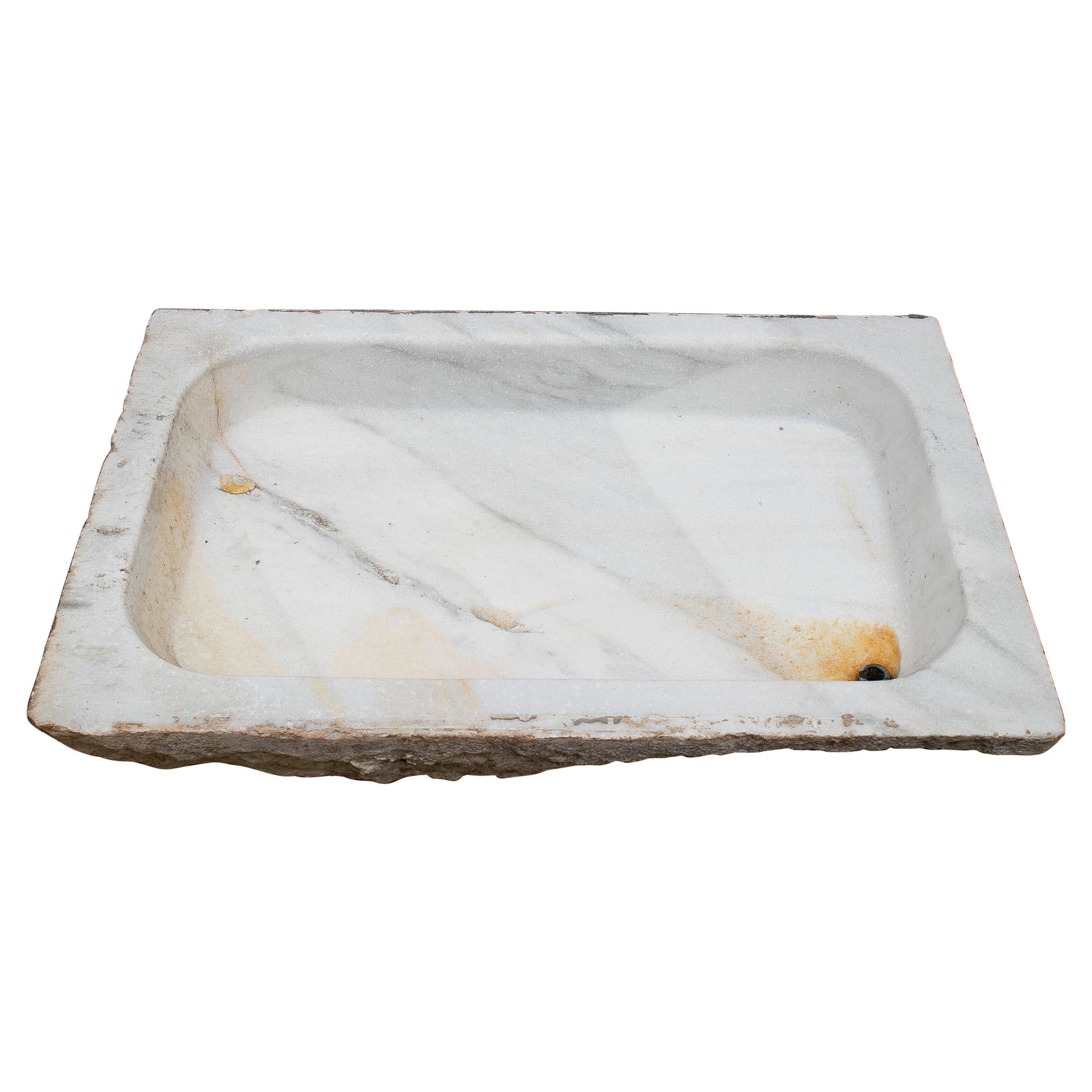 1930s Spanish Hand Carved White Macael Marble Wash Basin For Sale