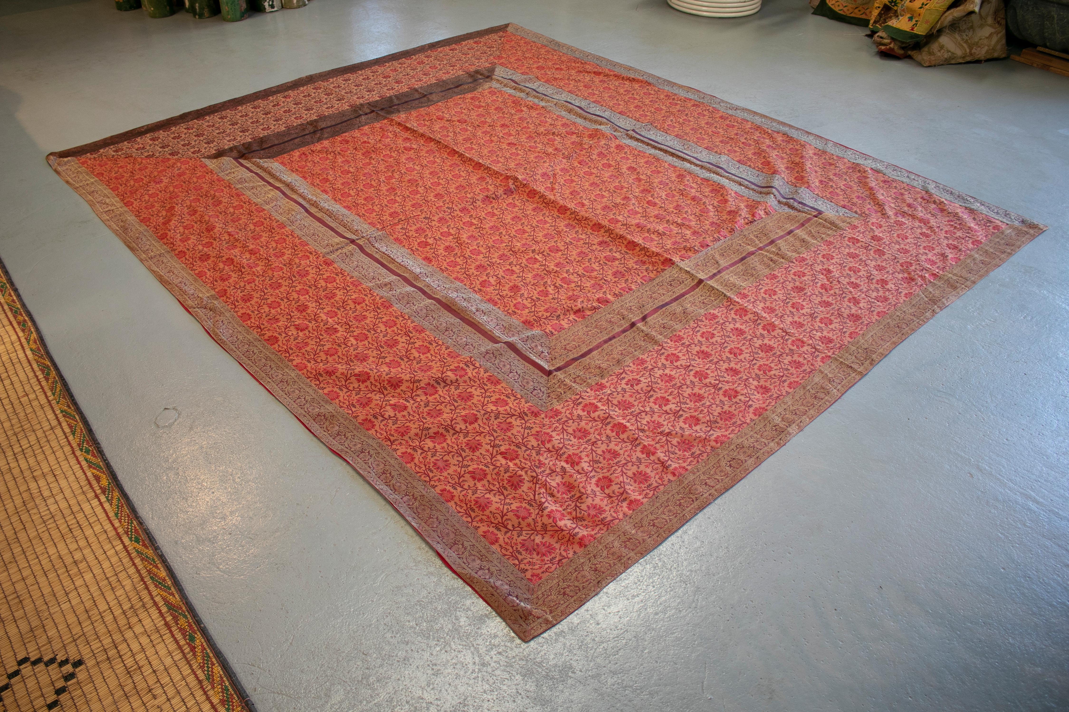 1930s Spanish hand sewn red silk patchwork tapestry.