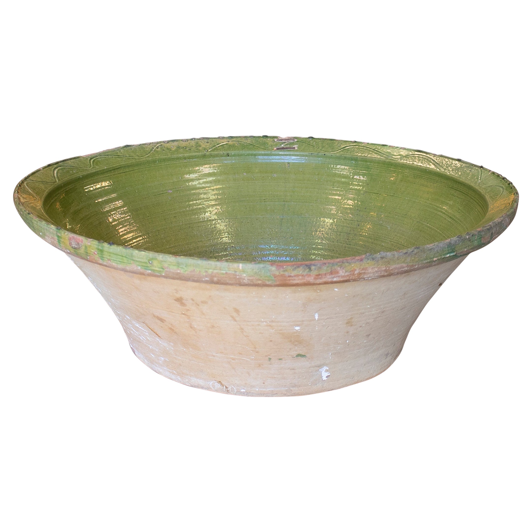 Ciotola grande in ceramica smaltata verde "Lebrillo" spagnola del 1930