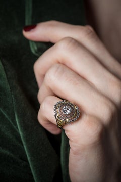 1930s Spanish Noucentisme 18 karat gold, platinum and diamond sculptural ring.