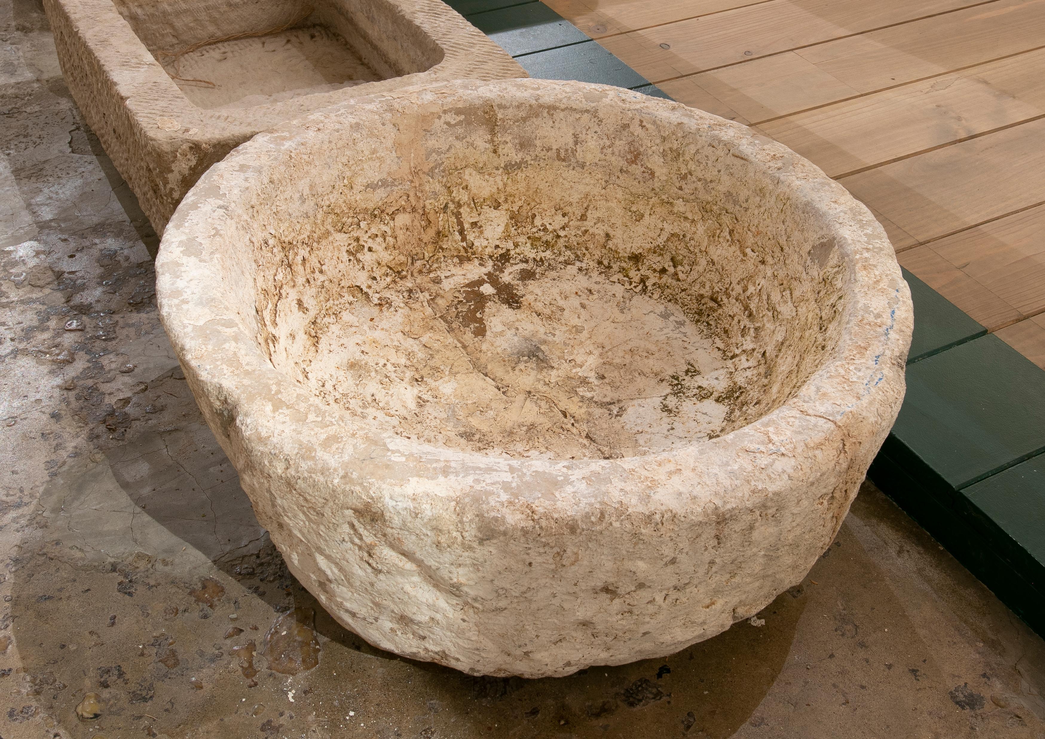 17th Century 1930s Spanish Round Stone Carved Stone Basin