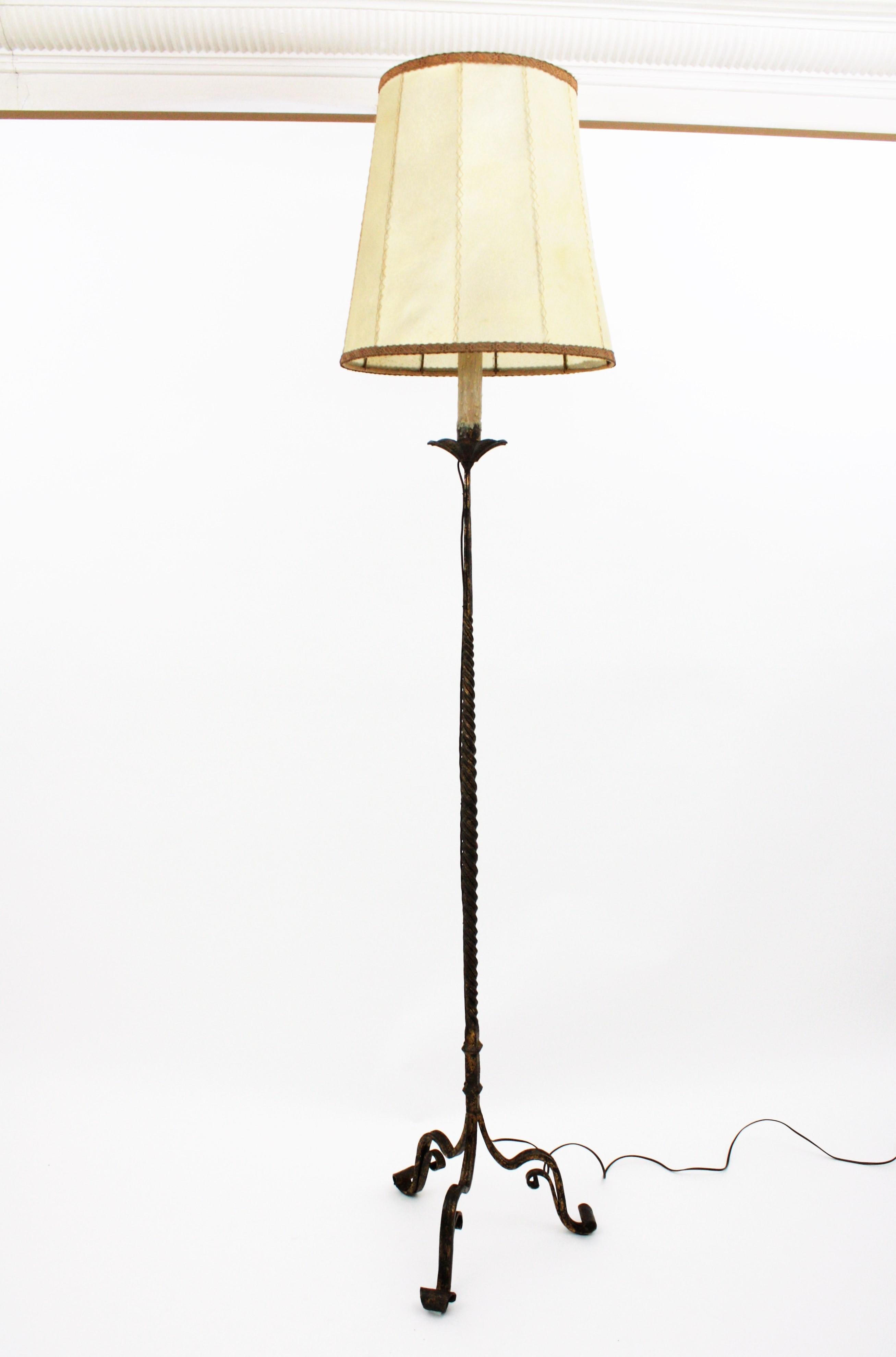 Wrought Gilt Iron Spanish Floor Lamp with Goatskin Shade, 1930s 9