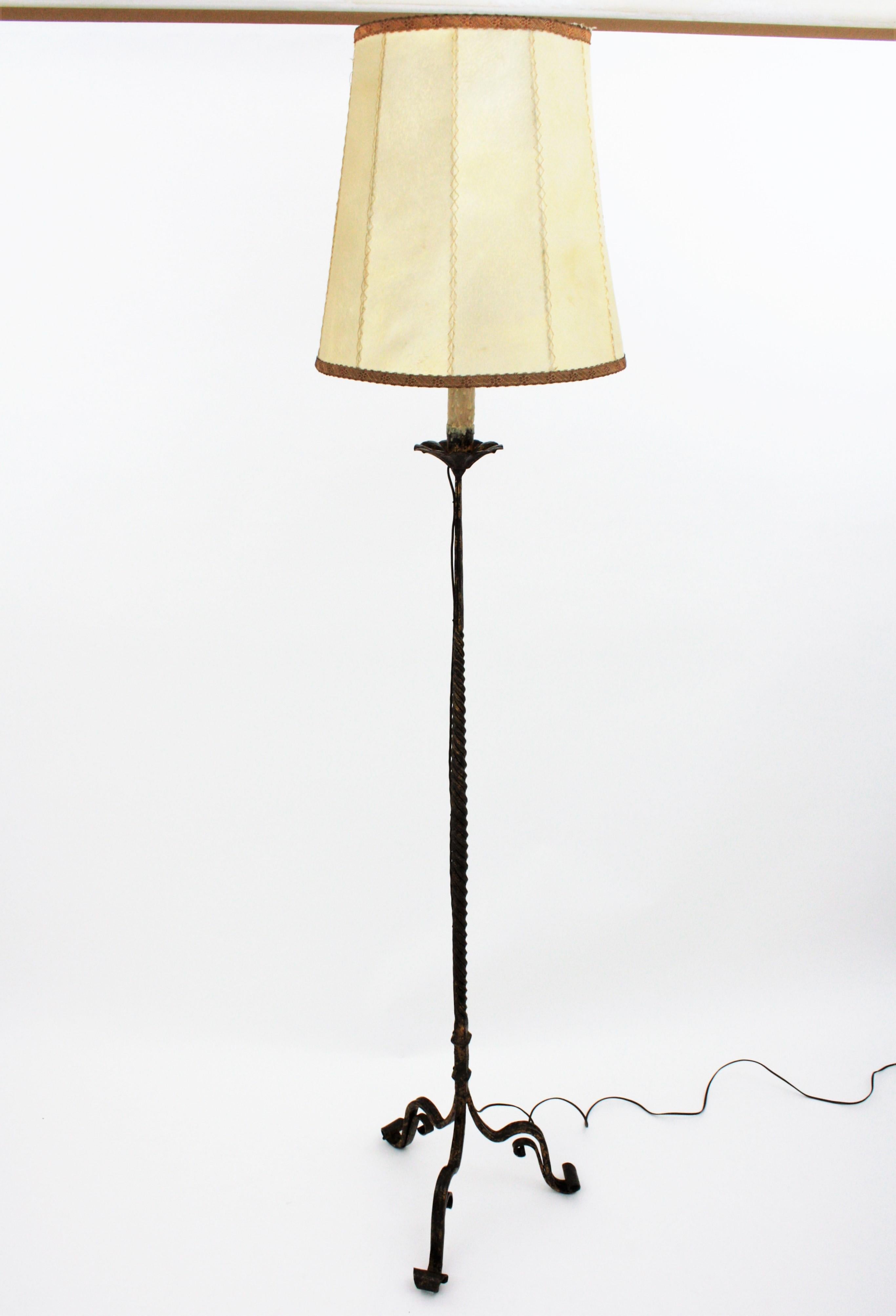 Wrought Gilt Iron Spanish Floor Lamp with Goatskin Shade, 1930s 10