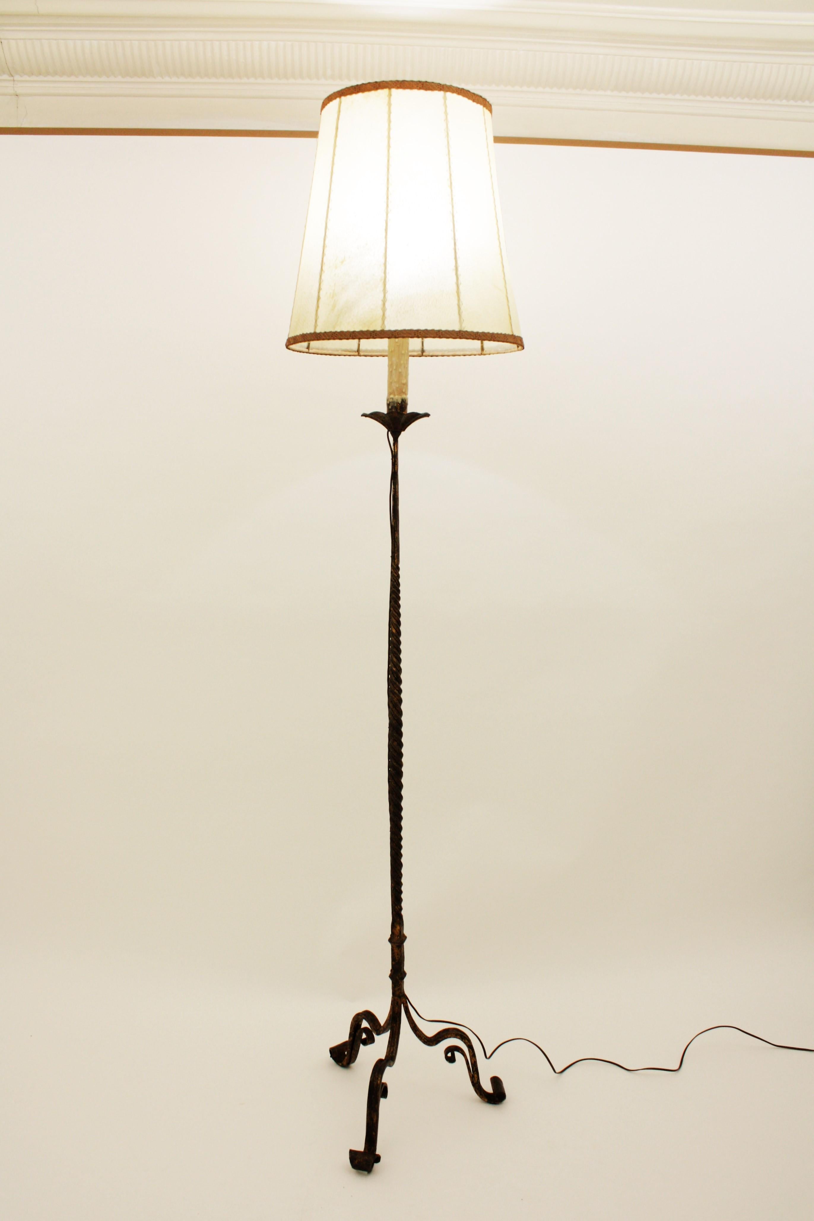 Wrought Gilt Iron Spanish Floor Lamp with Goatskin Shade, 1930s 11