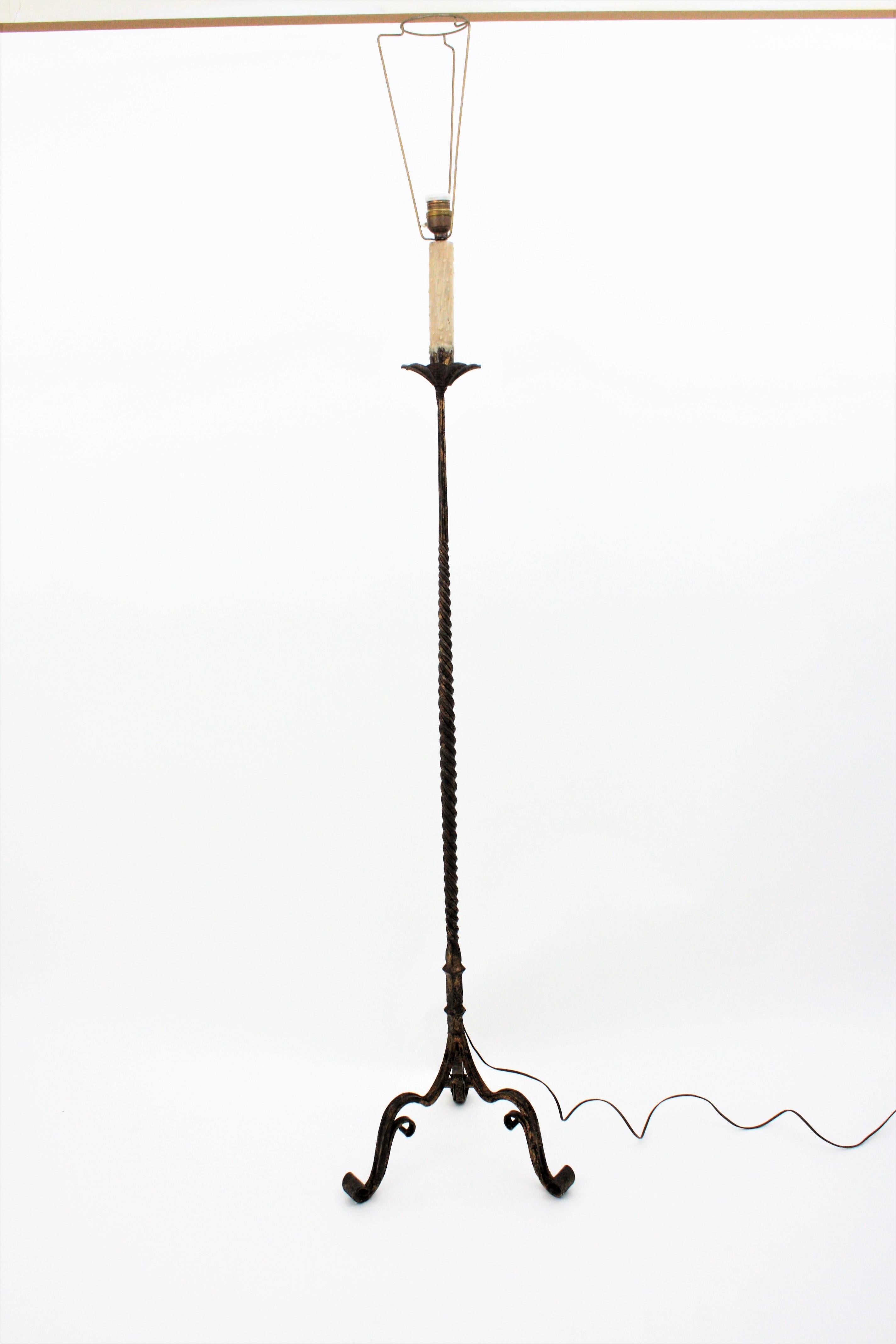 Wrought Gilt Iron Spanish Floor Lamp with Goatskin Shade, 1930s 1