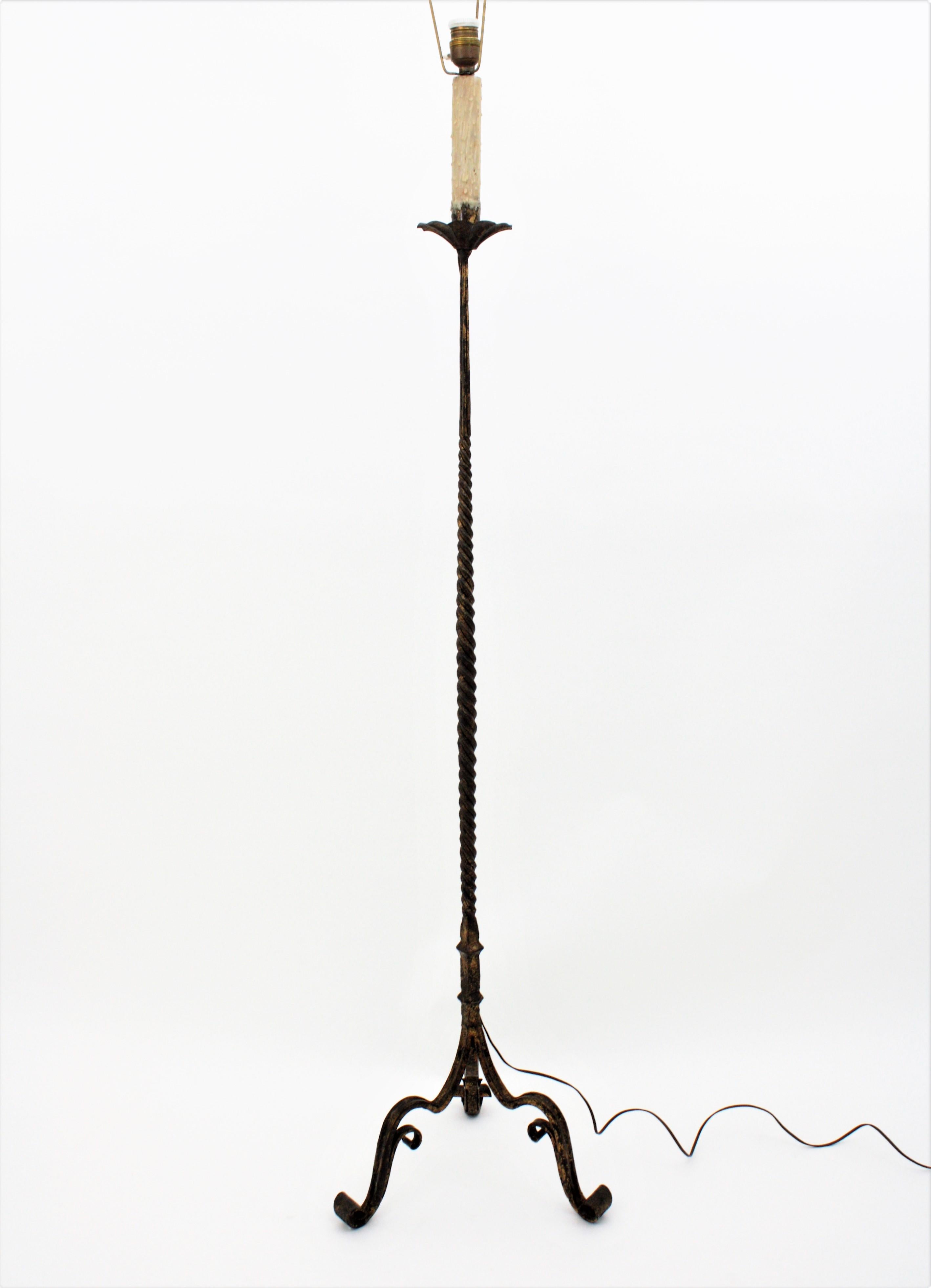 Wrought Gilt Iron Spanish Floor Lamp with Goatskin Shade, 1930s 3