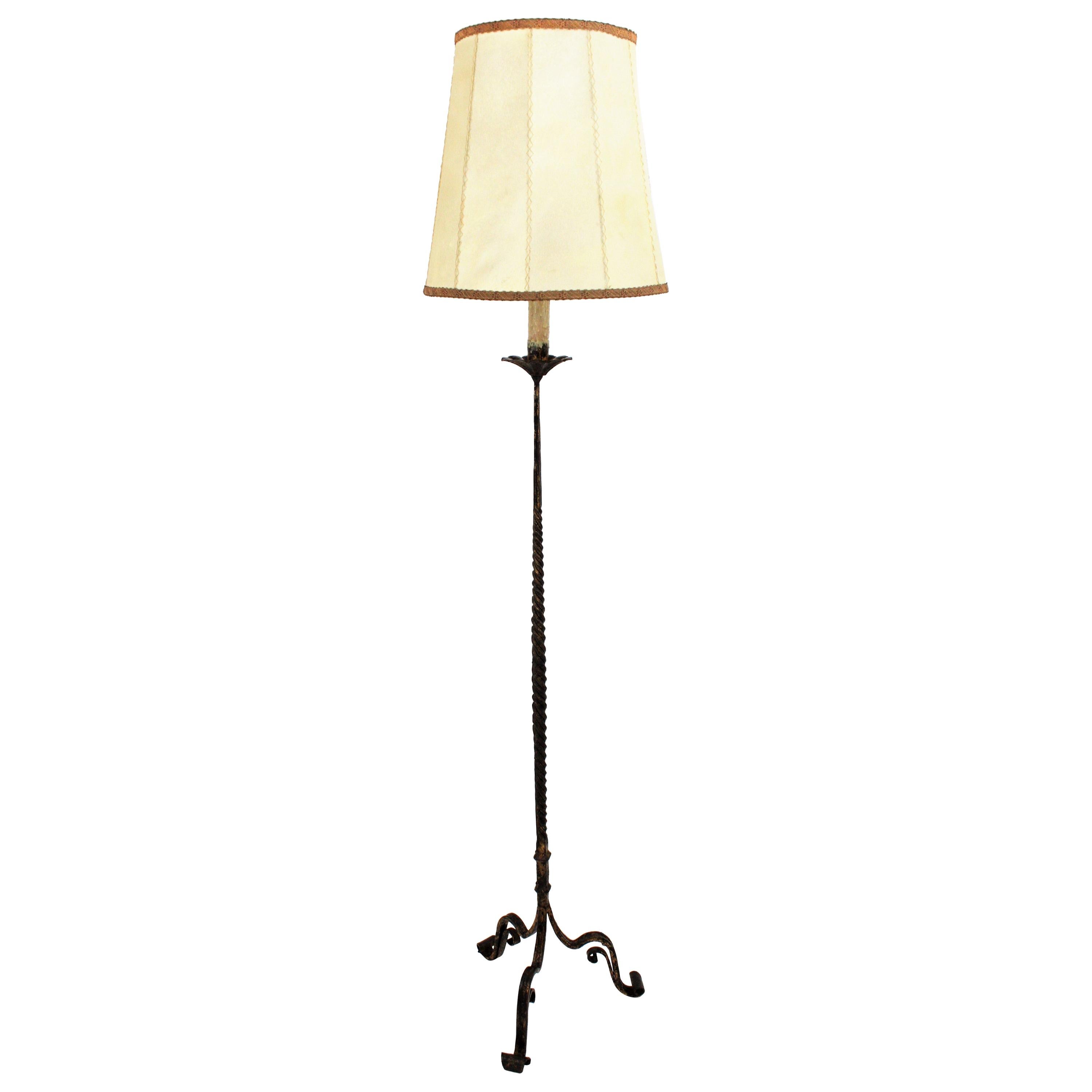 Wrought Gilt Iron Spanish Floor Lamp with Goatskin Shade, 1930s