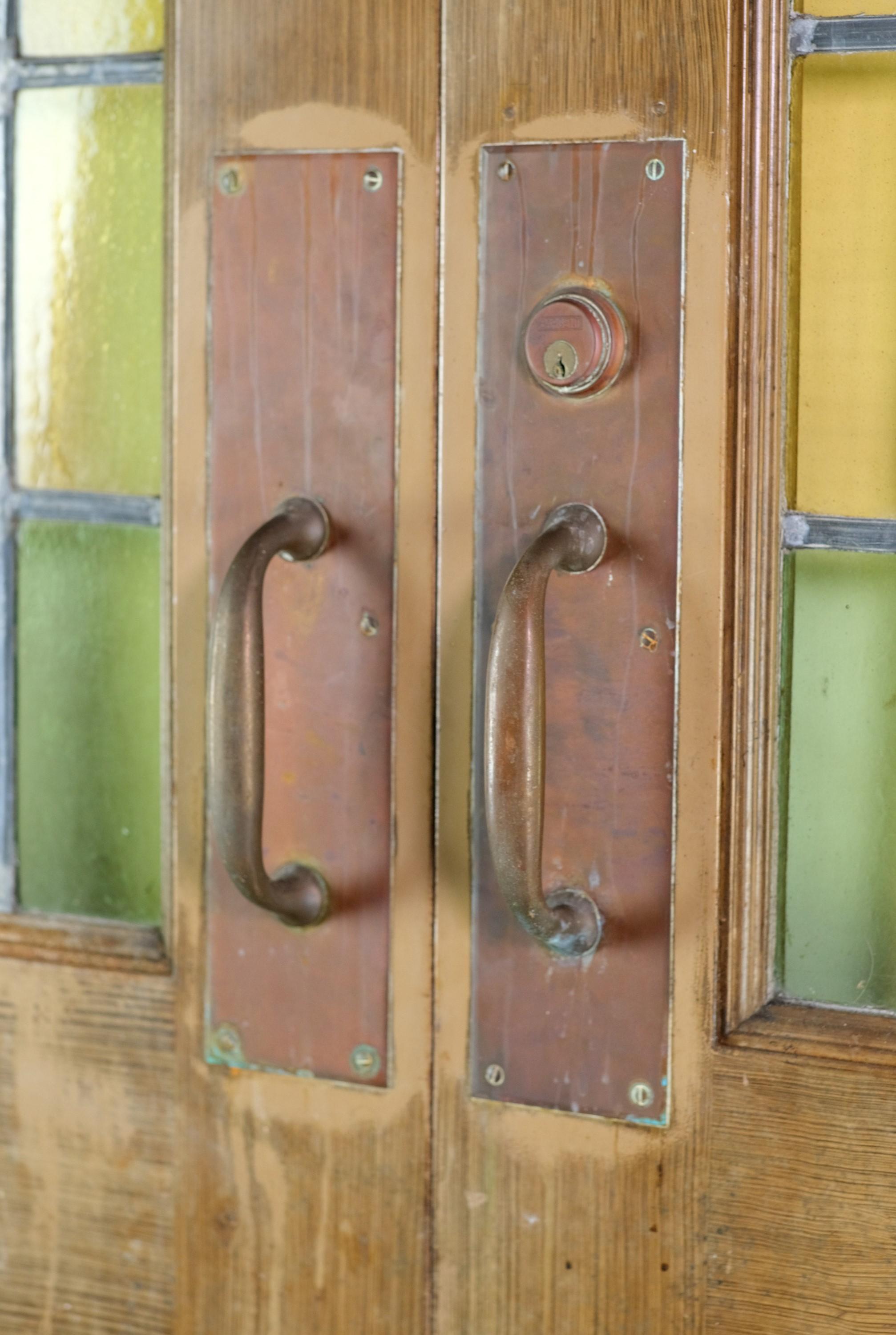 American 1930s Steel Double Doors with Arched Stained Leaded Glass Panels 
