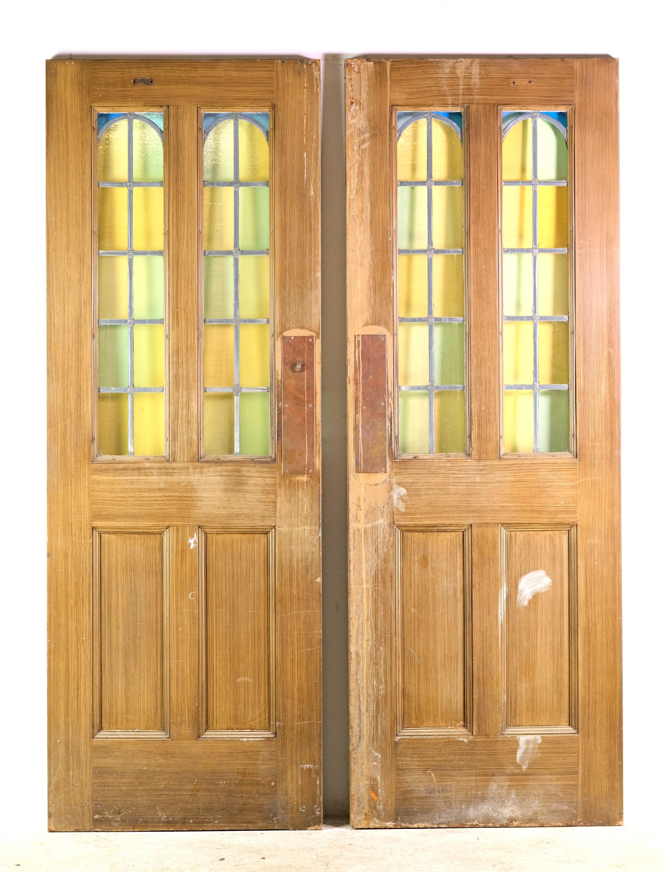 1930s Steel Double Doors with Arched Stained Leaded Glass Panels  3