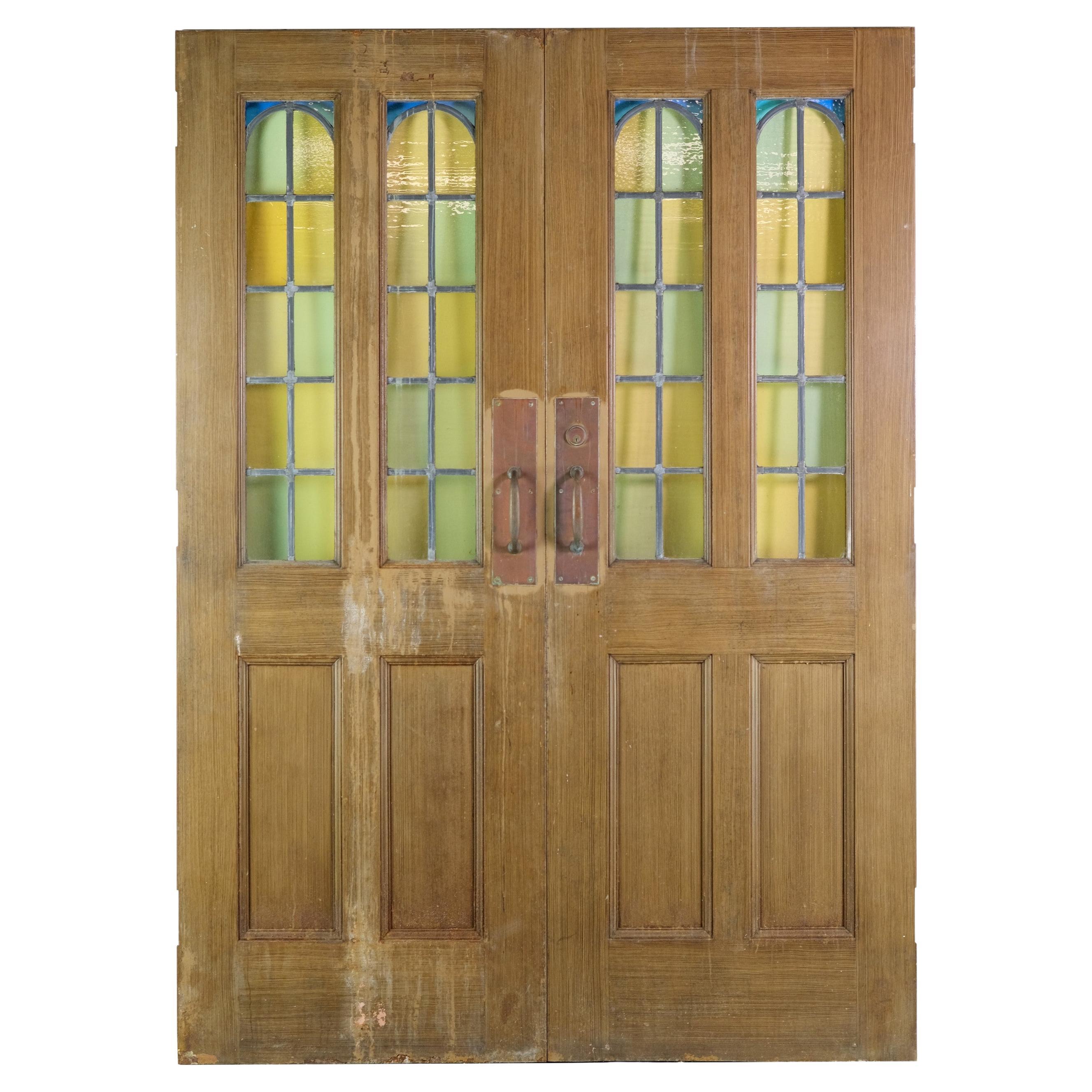 1930s Steel Double Doors with Arched Stained Leaded Glass Panels 