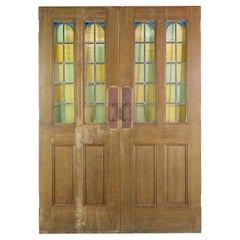 1930s Steel Double Doors with Arched Stained Leaded Glass Panels 
