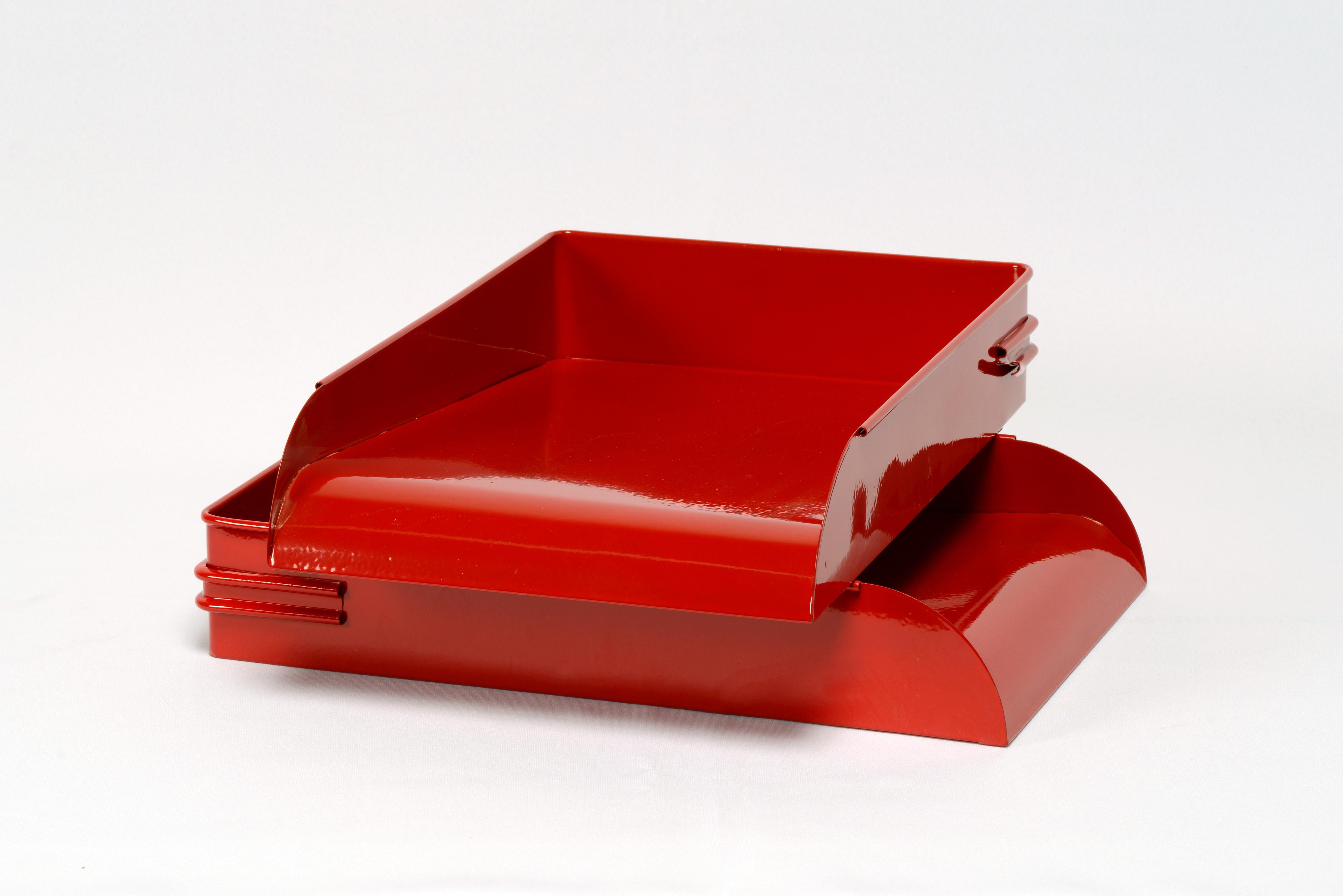 Vintage Art Deco office letter, memo or mail tray powder-coated in Gloss Fire Engine Red (RD01). This uniquely finished organizational piece is sure to keep your retro office in tip-top shape. Excellent refinished vintage condition. Steel may show