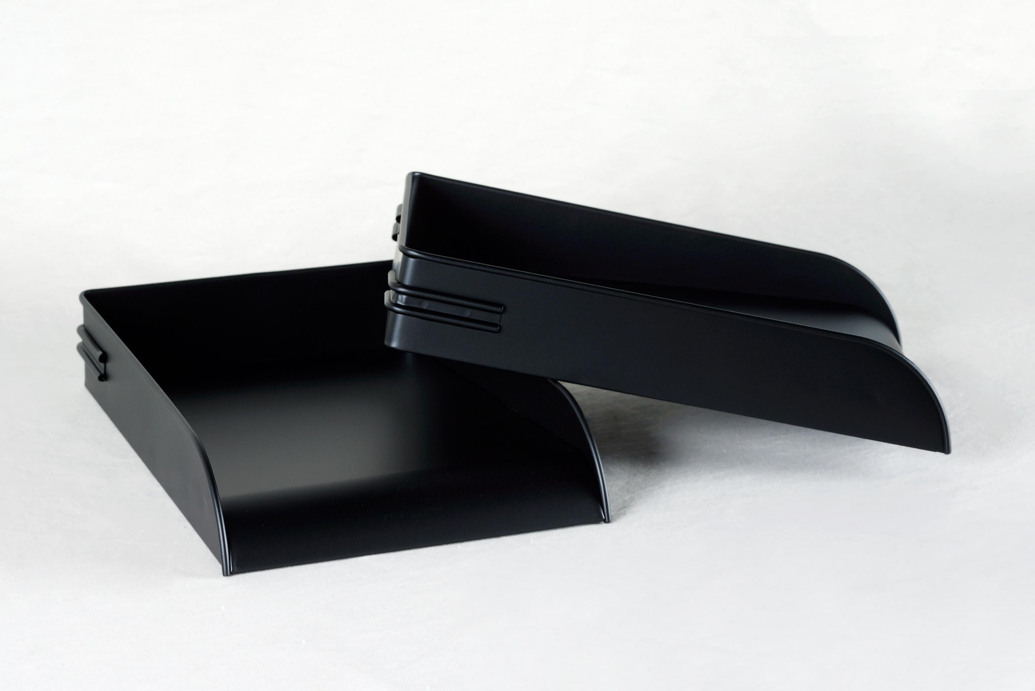 Vintage Art Deco office letter, memo or mail tray powder-coated in matte Black. This uniquely finished organizational piece is sure to keep your retro office in tip-top shape. Excellent refinished vintage condition. 
1 available available. 
