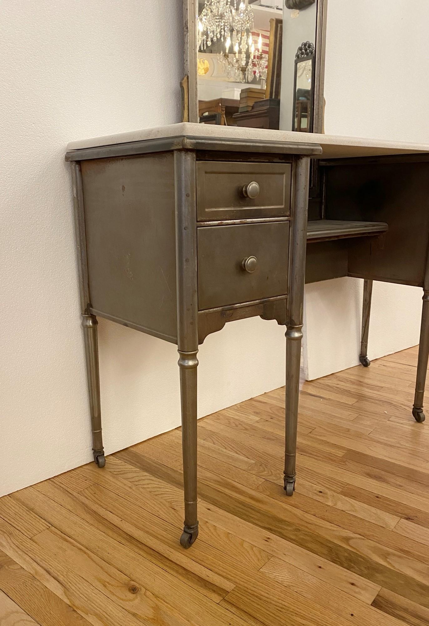 1930s Steel Metal Vanity Desk with Mirror Stripped and Sealed In Good Condition In New York, NY