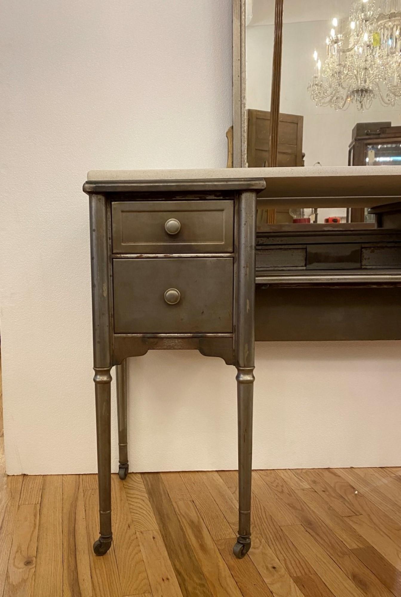 Mid-20th Century 1930s Steel Metal Vanity Desk with Mirror Stripped and Sealed