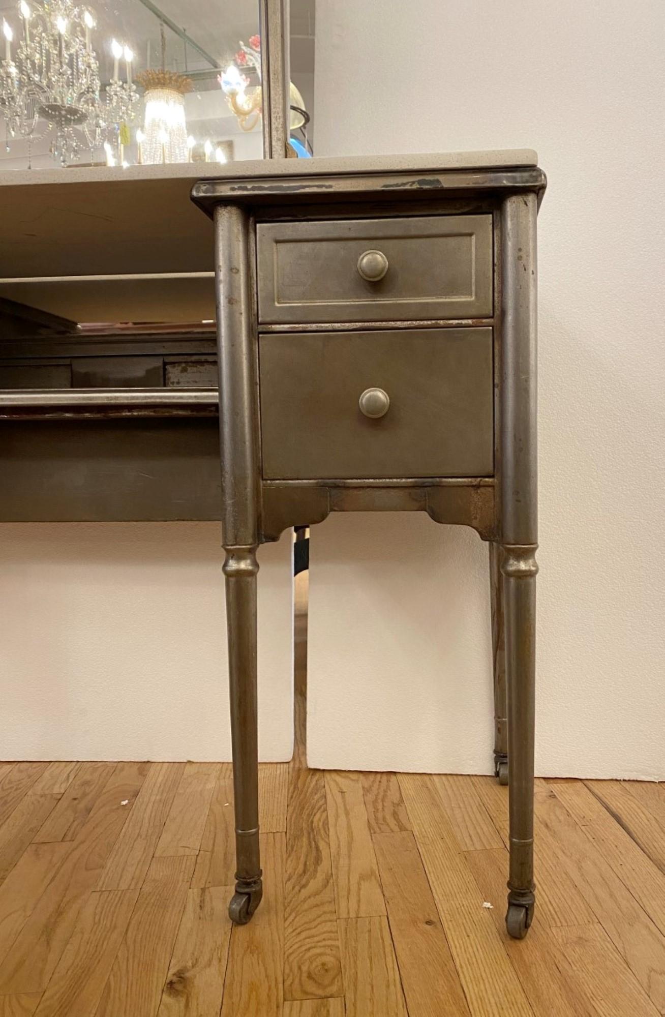 1930s Steel Metal Vanity Desk with Mirror Stripped and Sealed 1