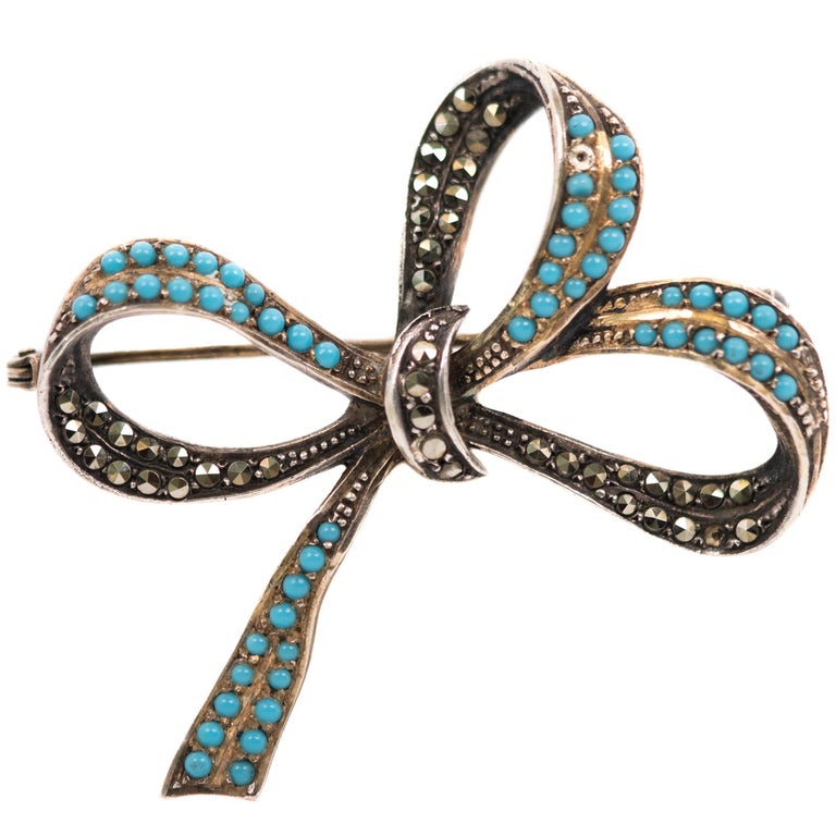 1930s Sterling Silver, Marcasite, Turquoise Ribbon Bow Brooch For Sale