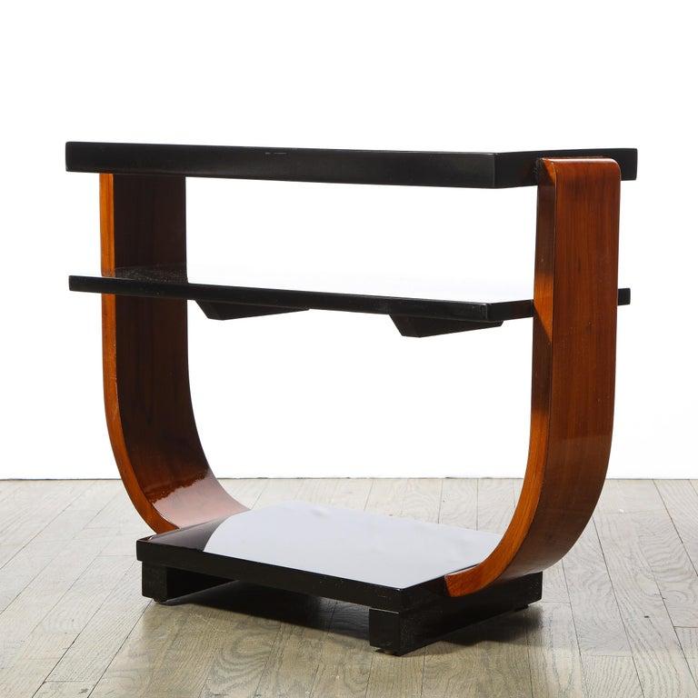 1930s Streamline Art Deco Walnut and Black Lacquer Two Tier Side Tables For Sale 4