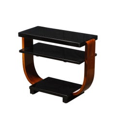 1930s Streamline Art Deco Walnut and Black Lacquer Two Tier Side Tables