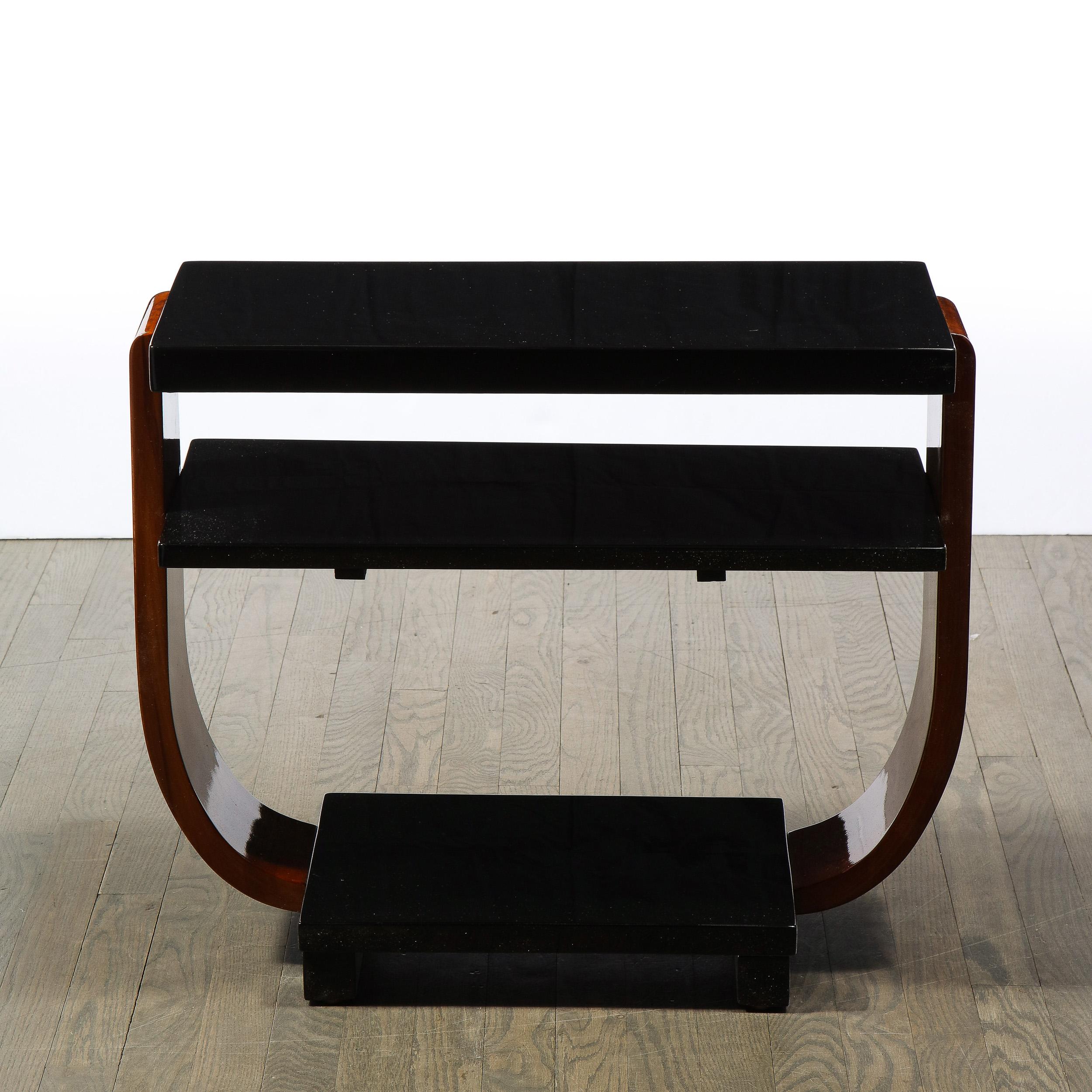 American 1930s Streamline Art Deco Walnut and Black Lacquer Two Tier Side Tables