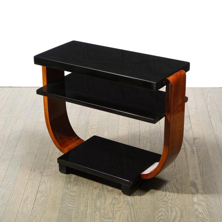 American 1930s Streamline Art Deco Walnut and Black Lacquer Two Tier Side Tables For Sale