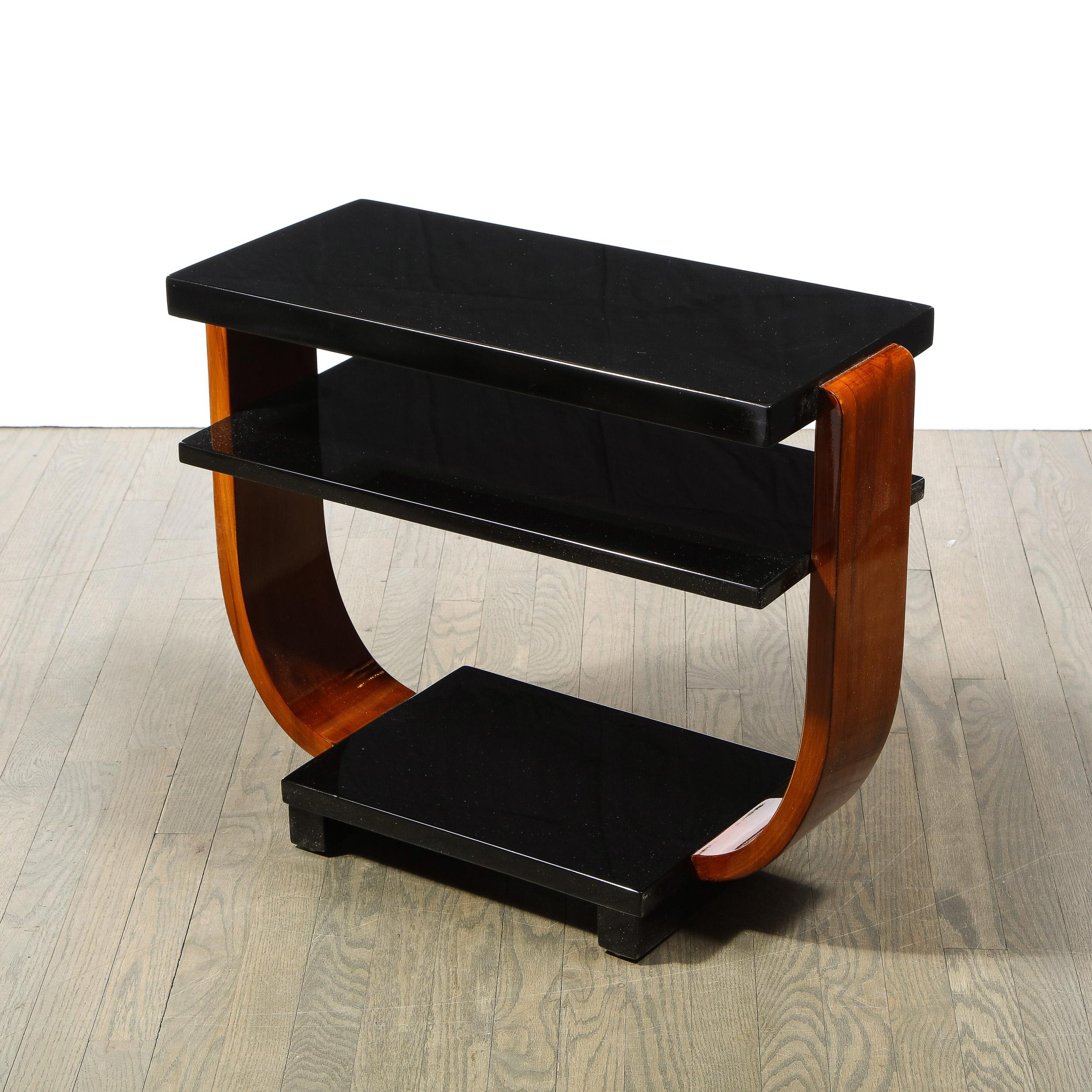 Lacquered 1930s Streamline Art Deco Walnut and Black Lacquer Two Tier Side Tables