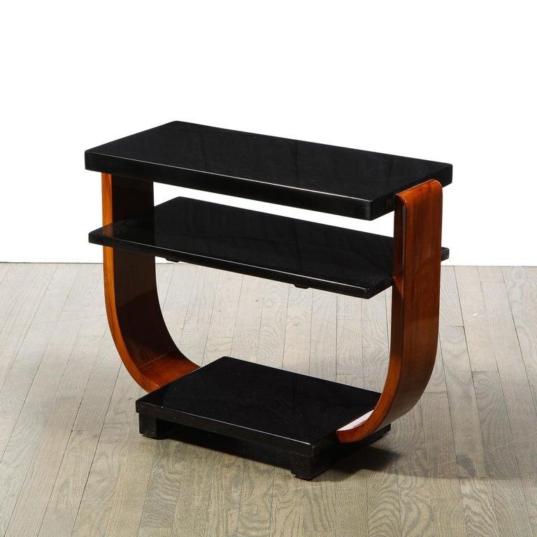 Lacquered 1930s Streamline Art Deco Walnut and Black Lacquer Two Tier Side Tables For Sale