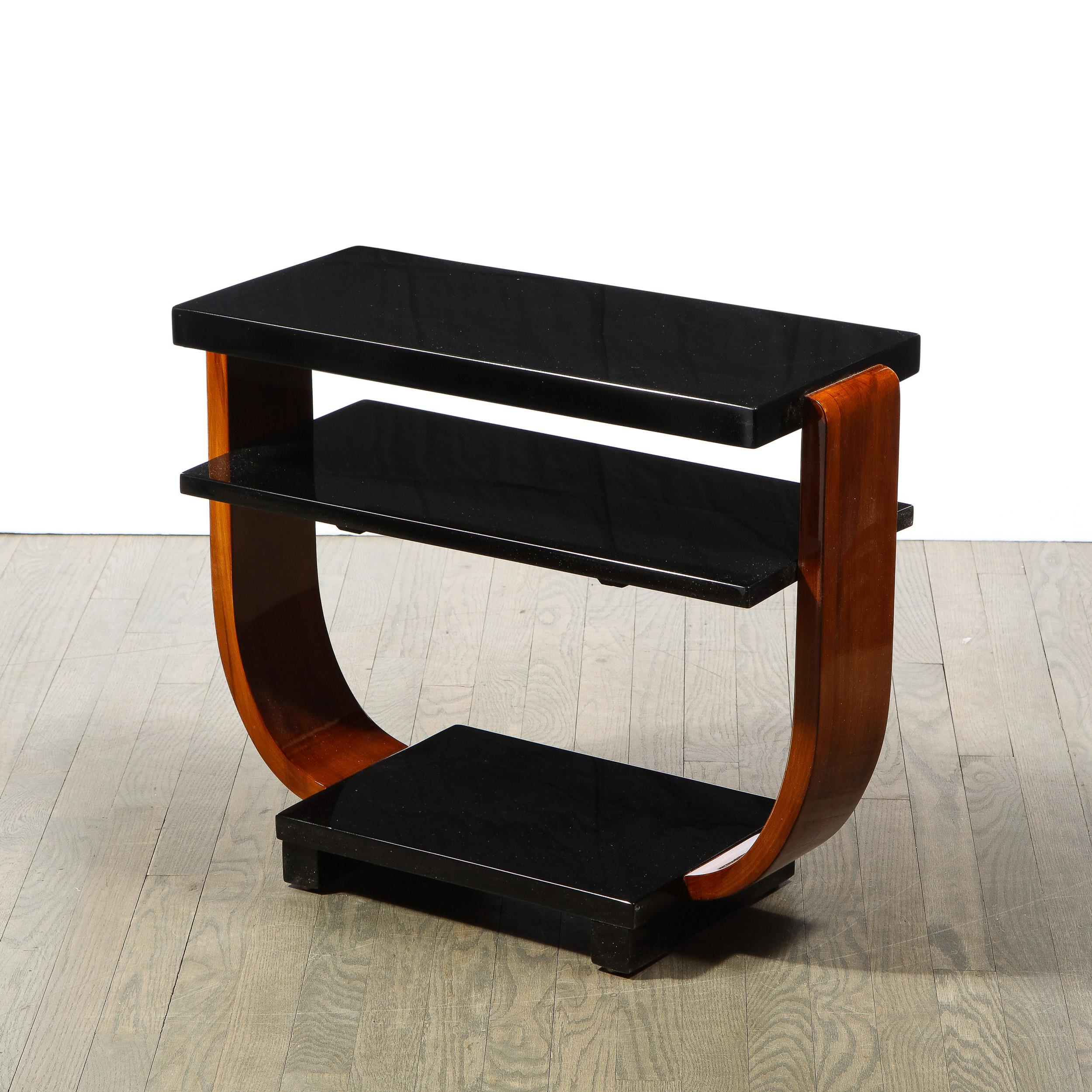 1930s Streamline Art Deco Walnut and Black Lacquer Two Tier Side Tables In Excellent Condition In New York, NY