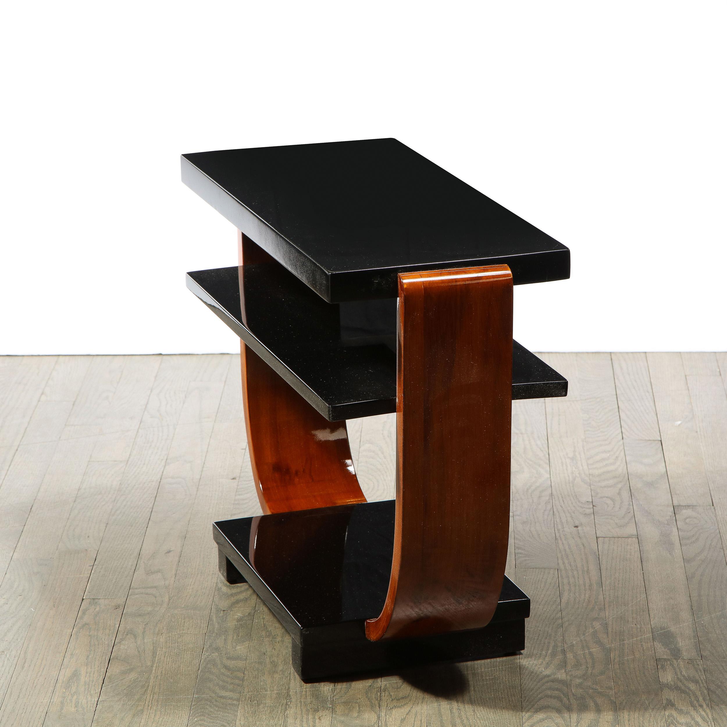 1930s Streamline Art Deco Walnut and Black Lacquer Two Tier Side Tables 1