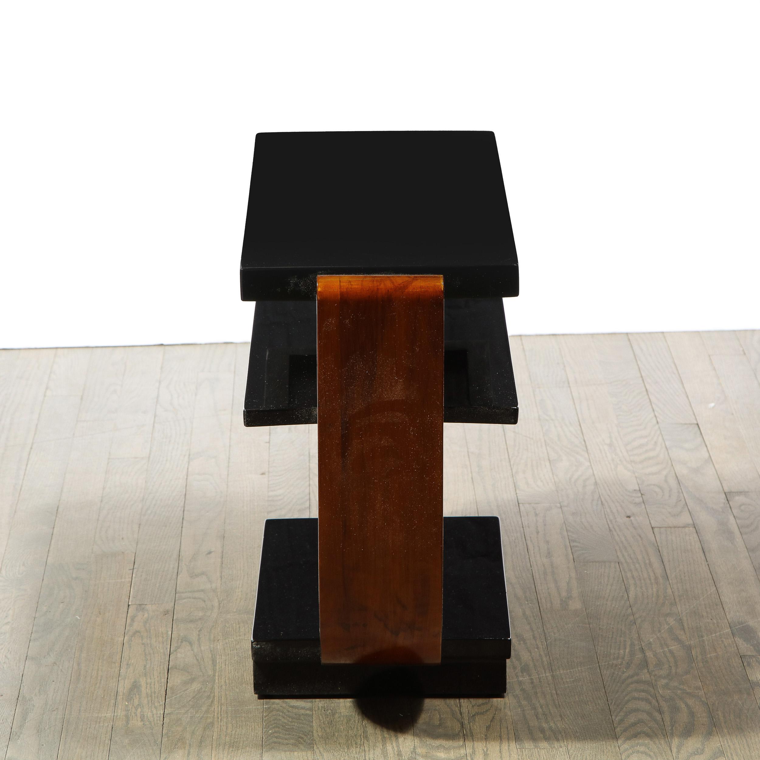 1930s Streamline Art Deco Walnut and Black Lacquer Two Tier Side Tables 2