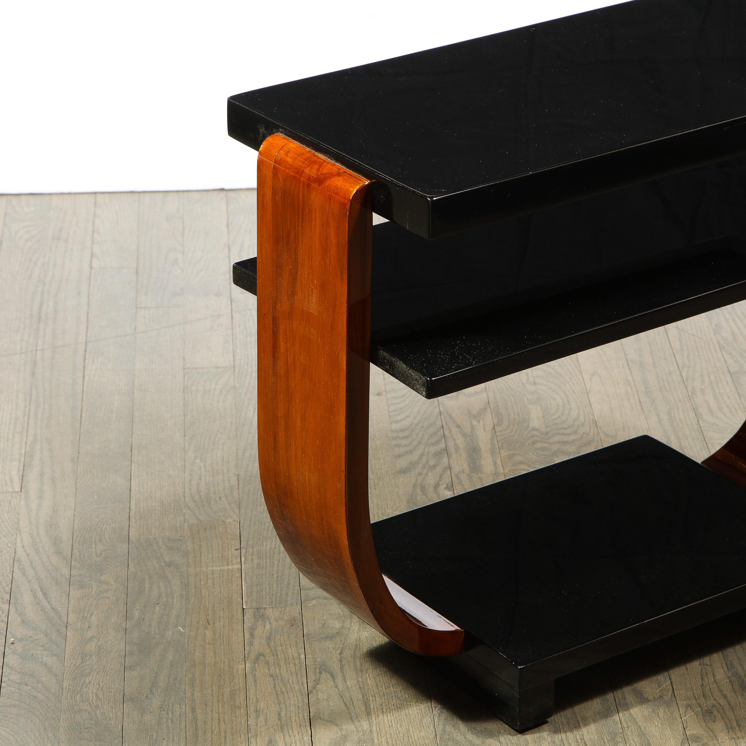 1930s Streamline Art Deco Walnut and Black Lacquer Two Tier Side Tables 3