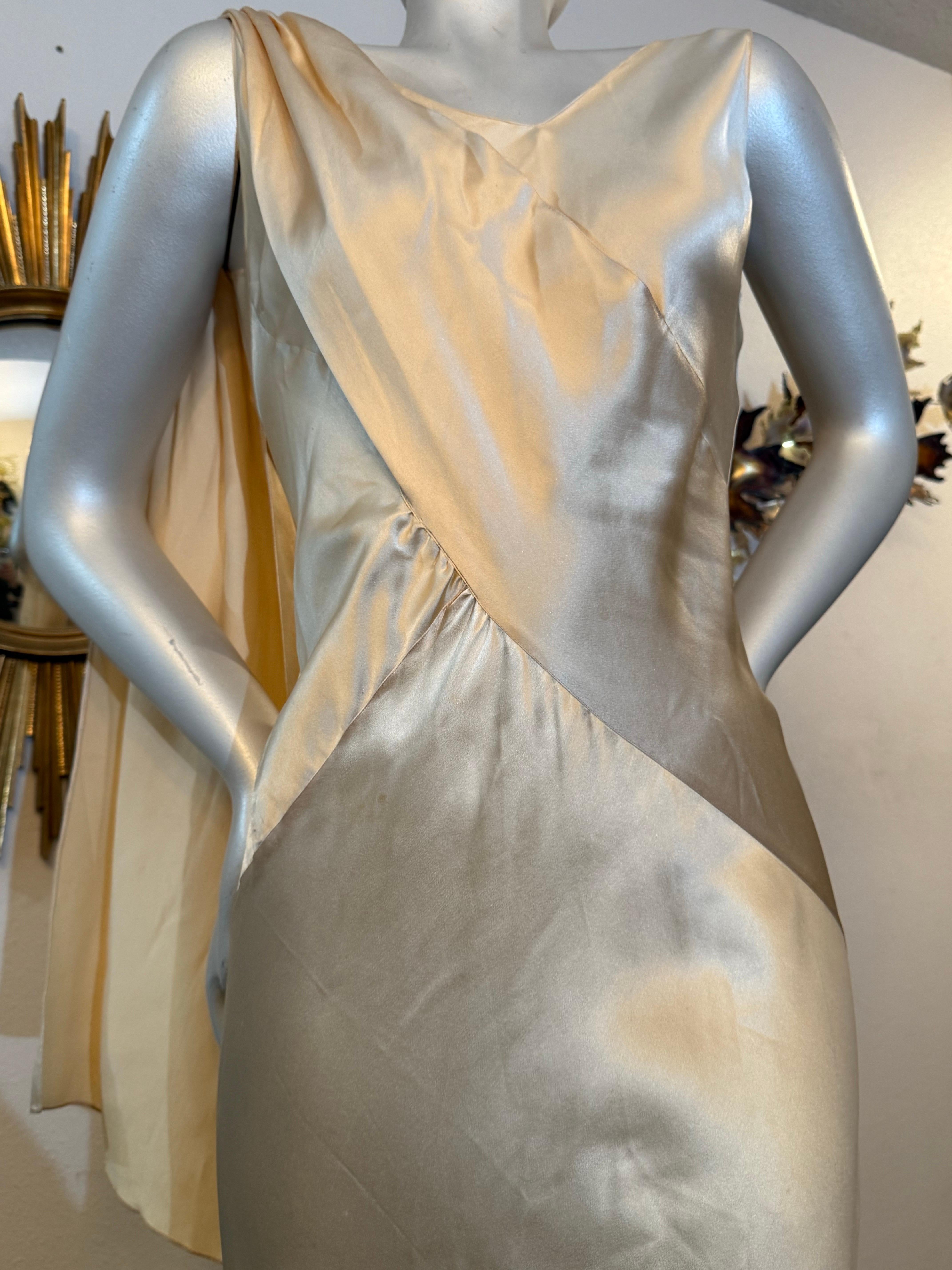 1930s Stunning Slinky Ivory Satin Bias-Cut Trumpet-Skirt Gown w Shoulder Scarf For Sale 7